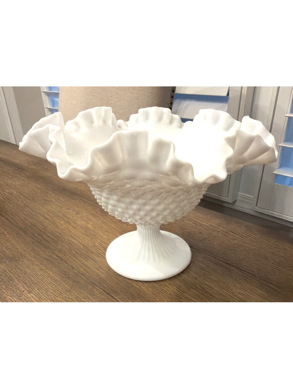 Fenton Hobnail Milk Glass Ruffled Crimped Pedestal Bowl 10" Wide 6.75" Tall